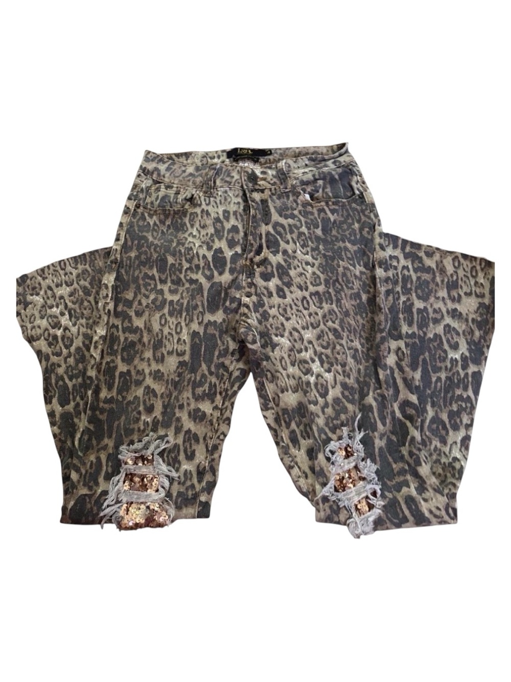 Lucky & Blessed Leopard Print High Rise Flare Jeans Sequin Distressed Petite 4